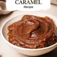 A white bowl filled with smooth, creamy date caramel sits on a light surface. Text above reads "Smooth, Buttery DATE CARAMEL Recipe." The logo "pinch and swirl" appears at the bottom left corner.