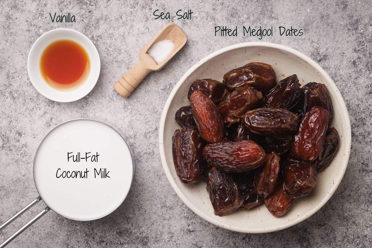 A bowl of pitted Medjool dates, a cup of full-fat coconut milk, a small bowl of vanilla, and a wooden scoop of sea salt are arranged on a gray counter. Labels identify each ingredient.