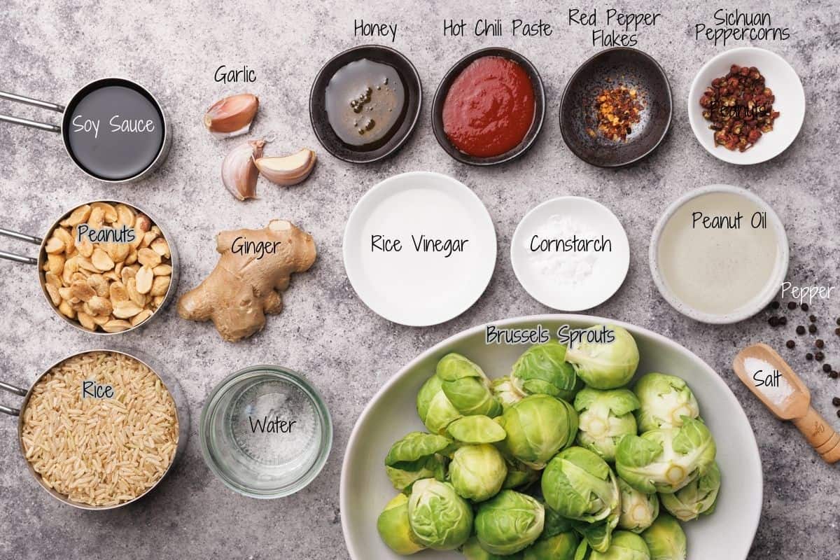 A top view of labeled ingredients for a recipe of Kung Pao Brussels Sprouts, including soy sauce, garlic, honey, hot chili paste, red pepper flakes, Sichuan peppercorns, peanuts, ginger, rice vinegar, cornstarch, peanut oil, rice, water, Brussels sprouts, pepper, and salt.