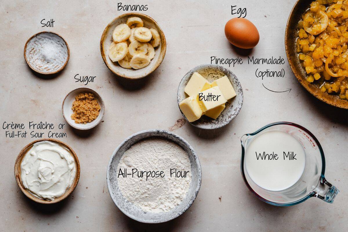 Banana crepes ingredients: flour, sugar, salt, egg, milk, butter, sliced banana, pineapple marmalade.