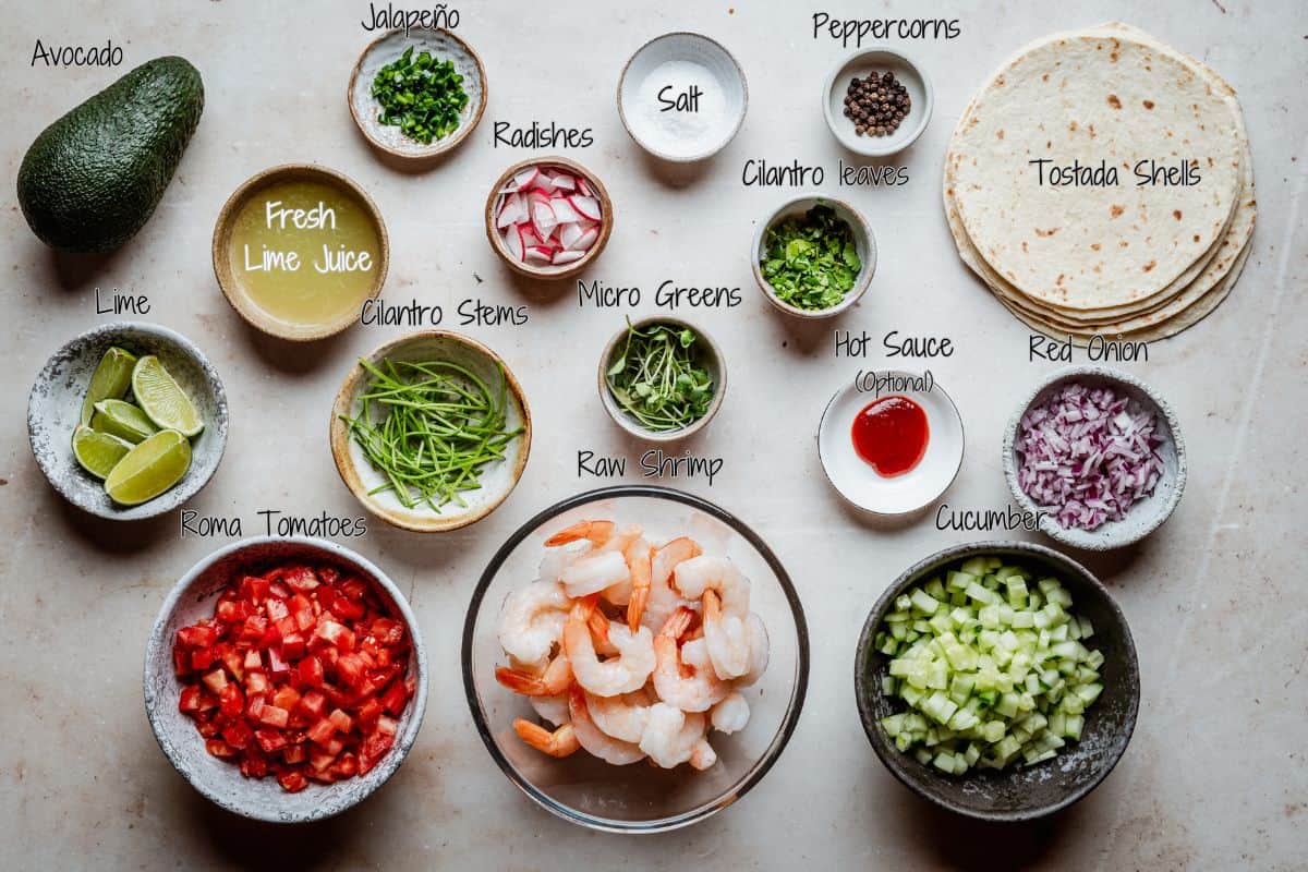 Top-down view of shrimp ceviche tostada ingredients: shrimp, avocado, lime, tomatoes, jalapeño, radish, cilantro, tostada shells.