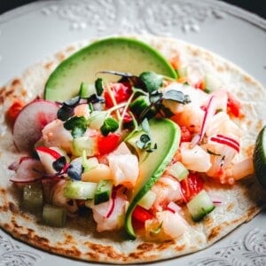 A close-up of a shrimp ceviche tostada on a white plate, topped with avocado slices, radish, cucumber, microgreens, and tomato. A lime wedge is visible on the side.