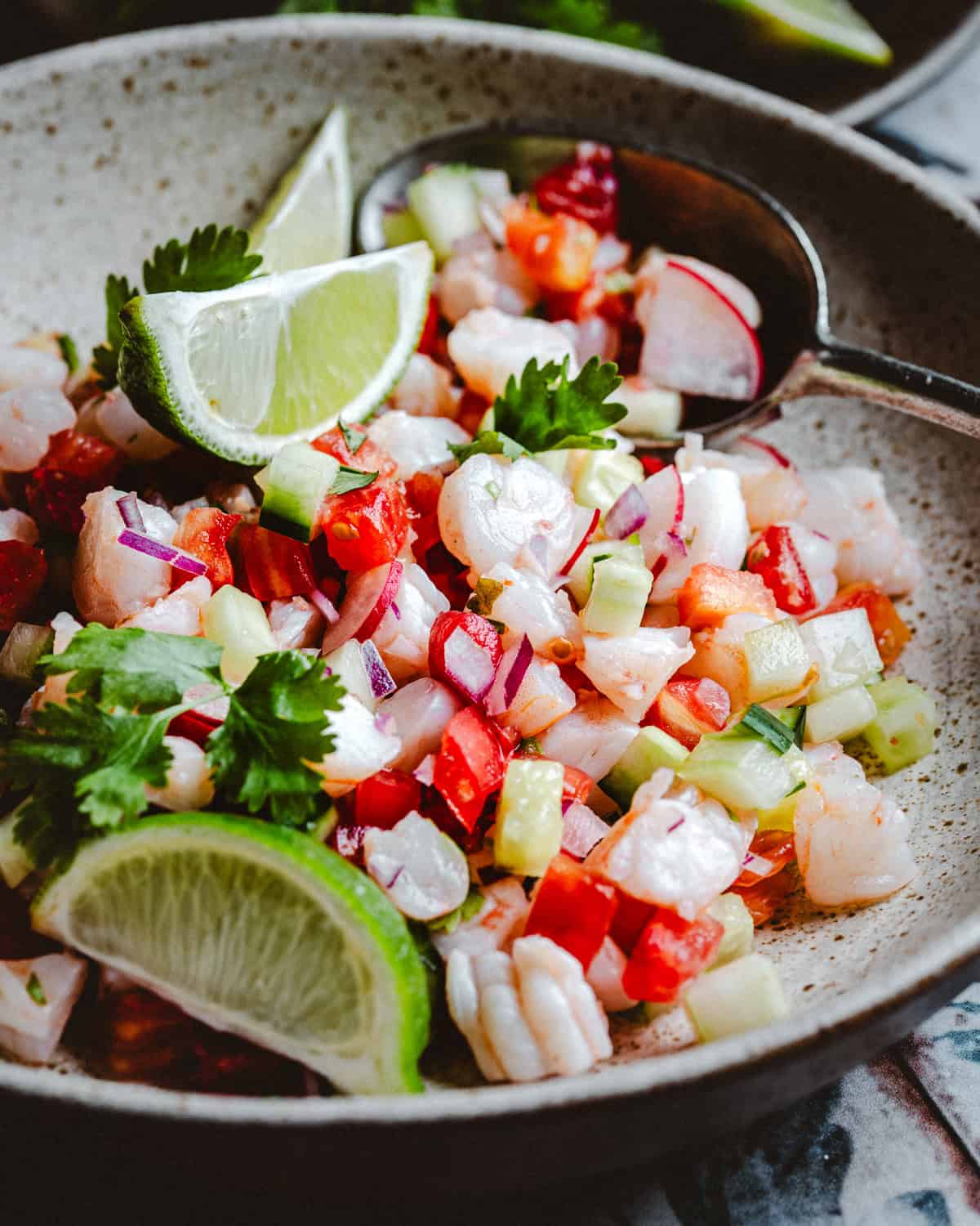 A close-up of a bowl of shrimp ceviche with diced tomatoes, red onions, cucumbers, cilantro, and radishes, garnished with lime wedges and served with a spoon.