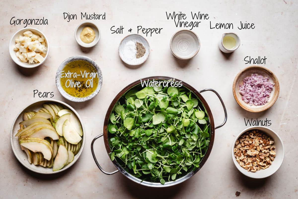 A bowl of watercress surrounded by small bowls containing gorgonzola, dijon mustard, salt and pepper, white wine vinegar, lemon juice, shallot, walnuts, pears, and extra-virgin olive oil, all labeled.