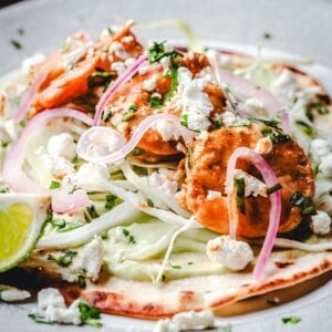 A close-up of a shrimp tostada in a creamy sauce, crumbled feta cheese, sliced red onions, shredded cabbage, fresh herbs, and a lime wedge on the side.